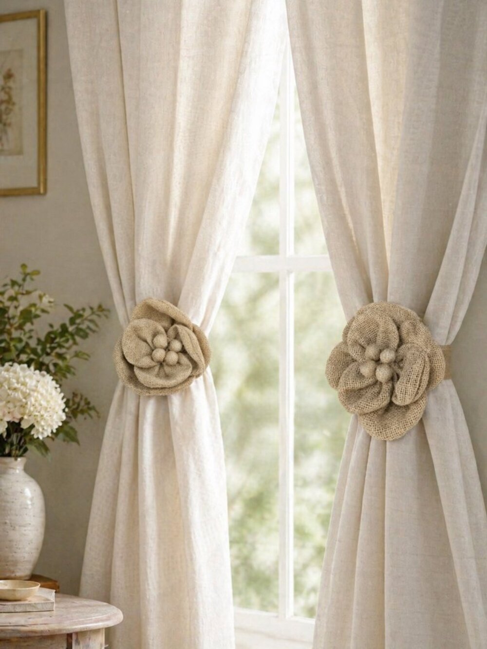 Rustic Burlap Flower Curtain Clip Backs